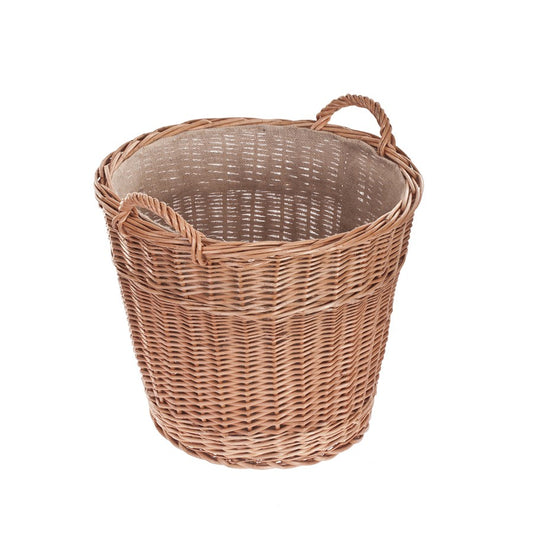 wicker firewood basket with jute trim and handles