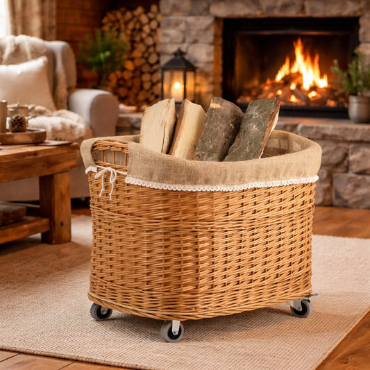 panier en osier pour bois de cheminée avec finition en jute