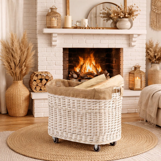 panier en osier pour bois de cheminée avec finition en jute