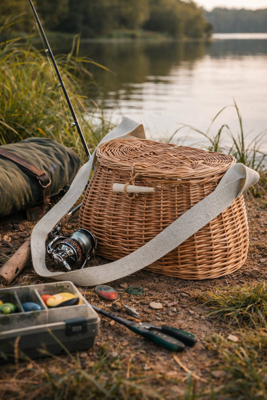 wicker fishing basket with strap and clasp