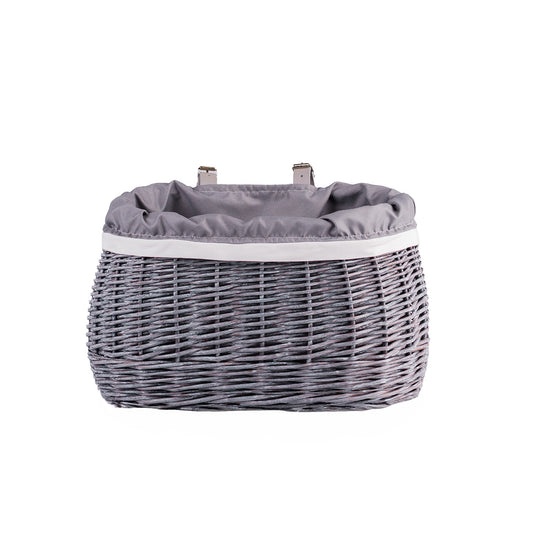 wicker bike basket with grey lining and straps