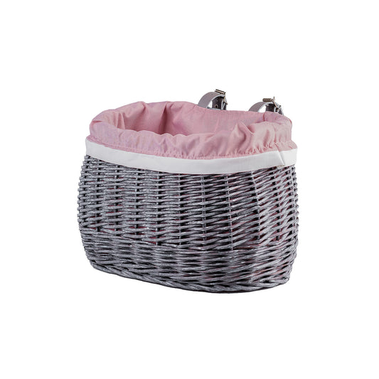 wicker bike basket with pink lining and straps