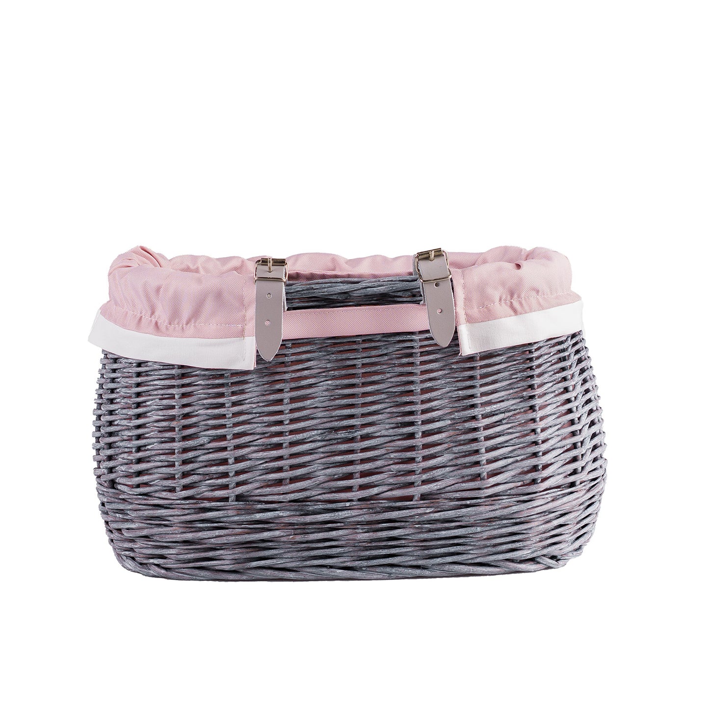 Marone ψάθινο καλαθάκι ποδηλάτου με ροζ επένδυση και λουριά TheWickerStories