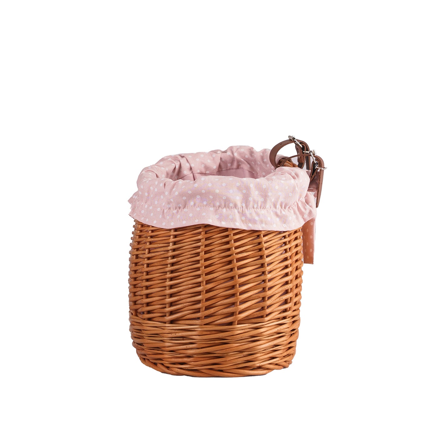 Marone wicker bike basket with pink lining and straps