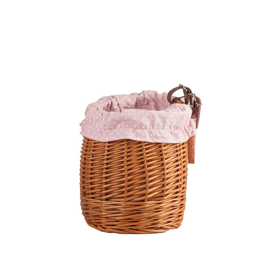 wicker bike basket with pink lining and straps