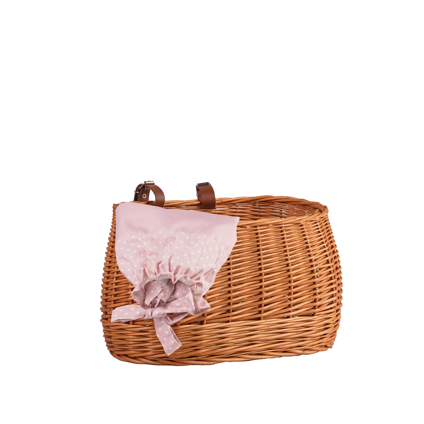 Marone wicker bike basket with pink lining and straps