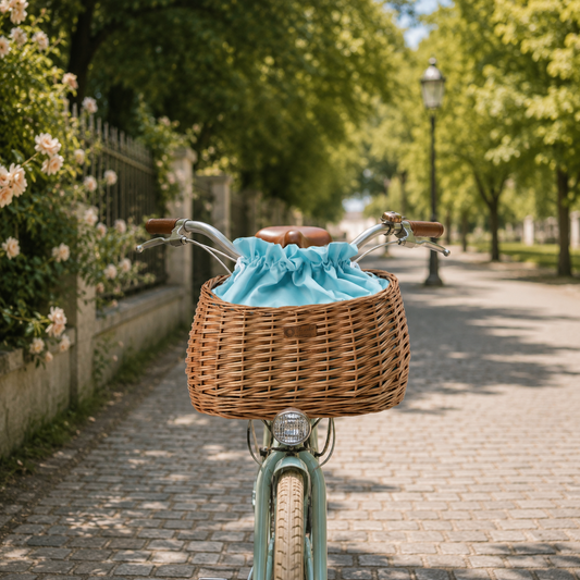 wicker bike basket with mint trim, removable liner bag and leather straps
