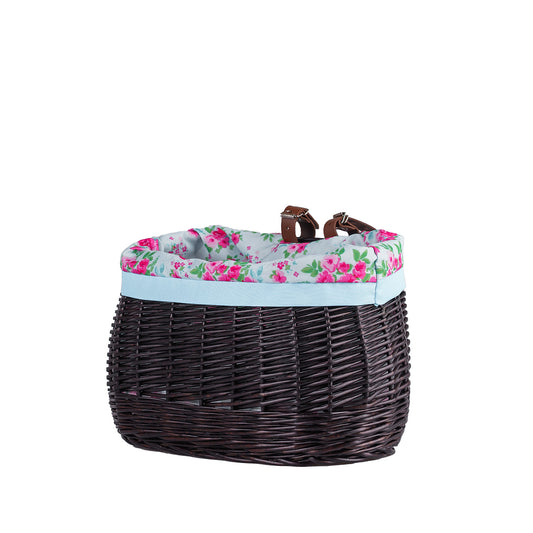wicker bike basket with blue lining and straps