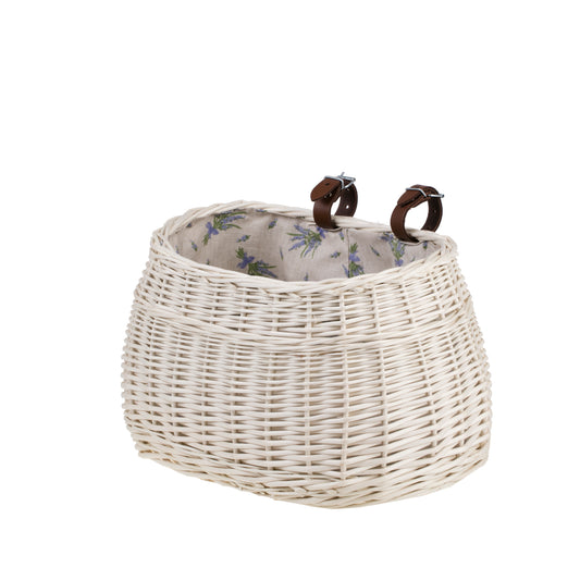 wicker bike basket with beige lining and straps