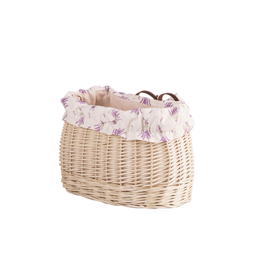 wicker bike basket with beige lining and straps