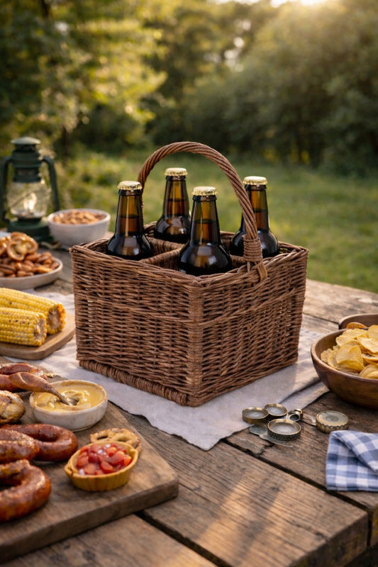 wicker bottle basket with compartments and handle