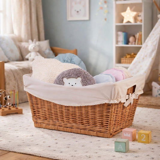 wicker storage basket with beige trim