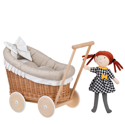 poussette en osier pour poupée avec bordure beige, couverture et coussin