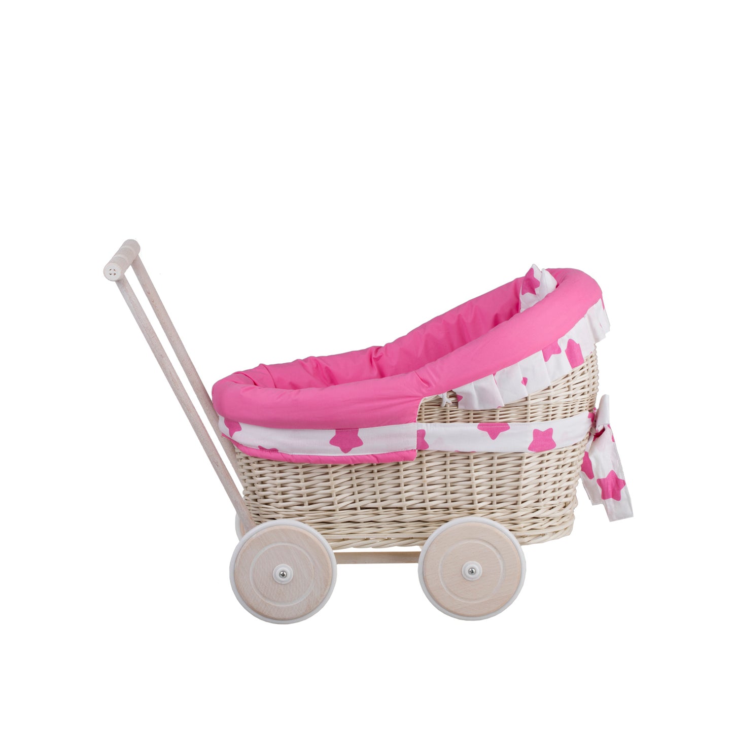 Luna wicker doll stroller with pink trim, blanket, and pillow