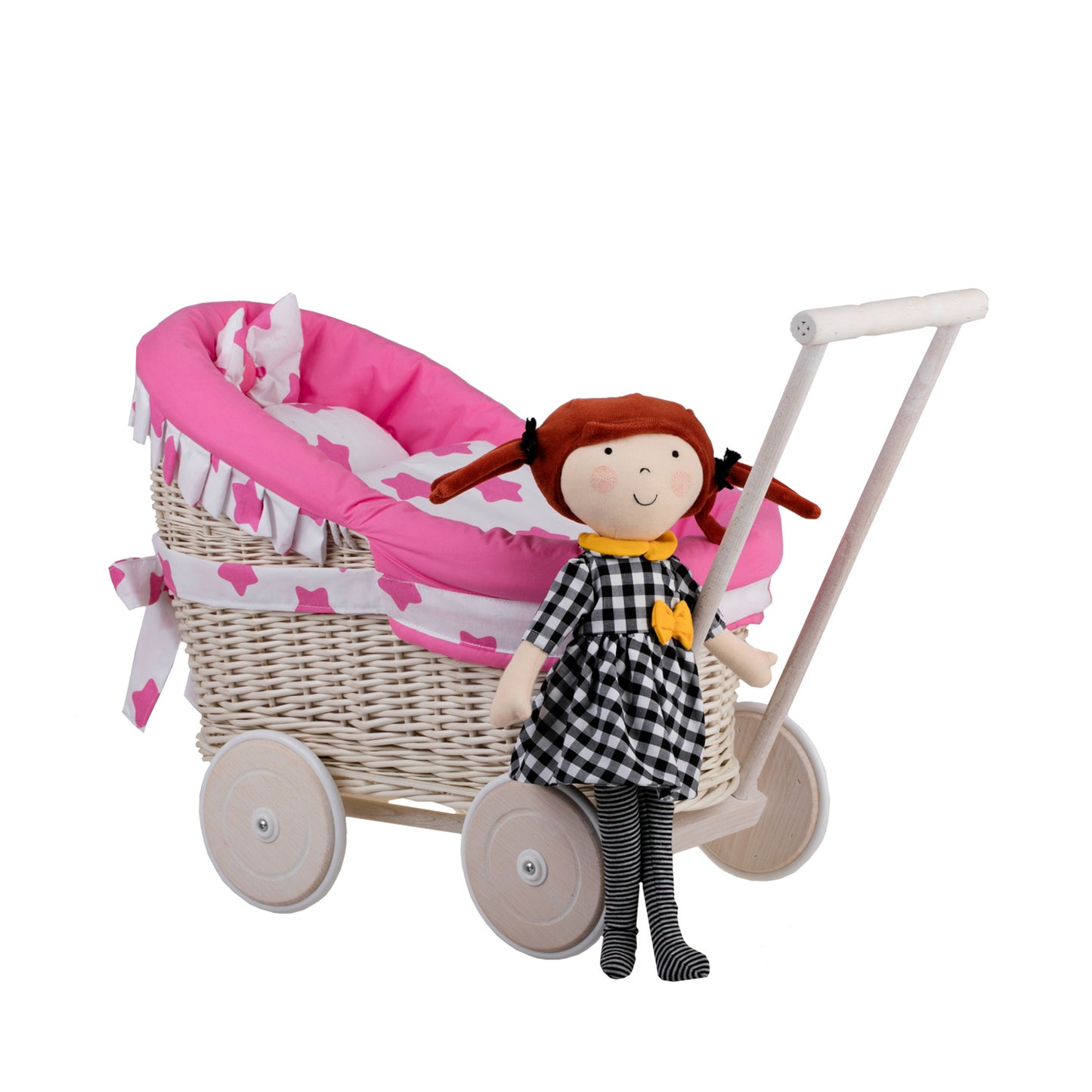 Luna wicker doll stroller with pink trim, blanket, and pillow
