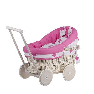 Luna wicker doll stroller with pink trim, blanket, and pillow