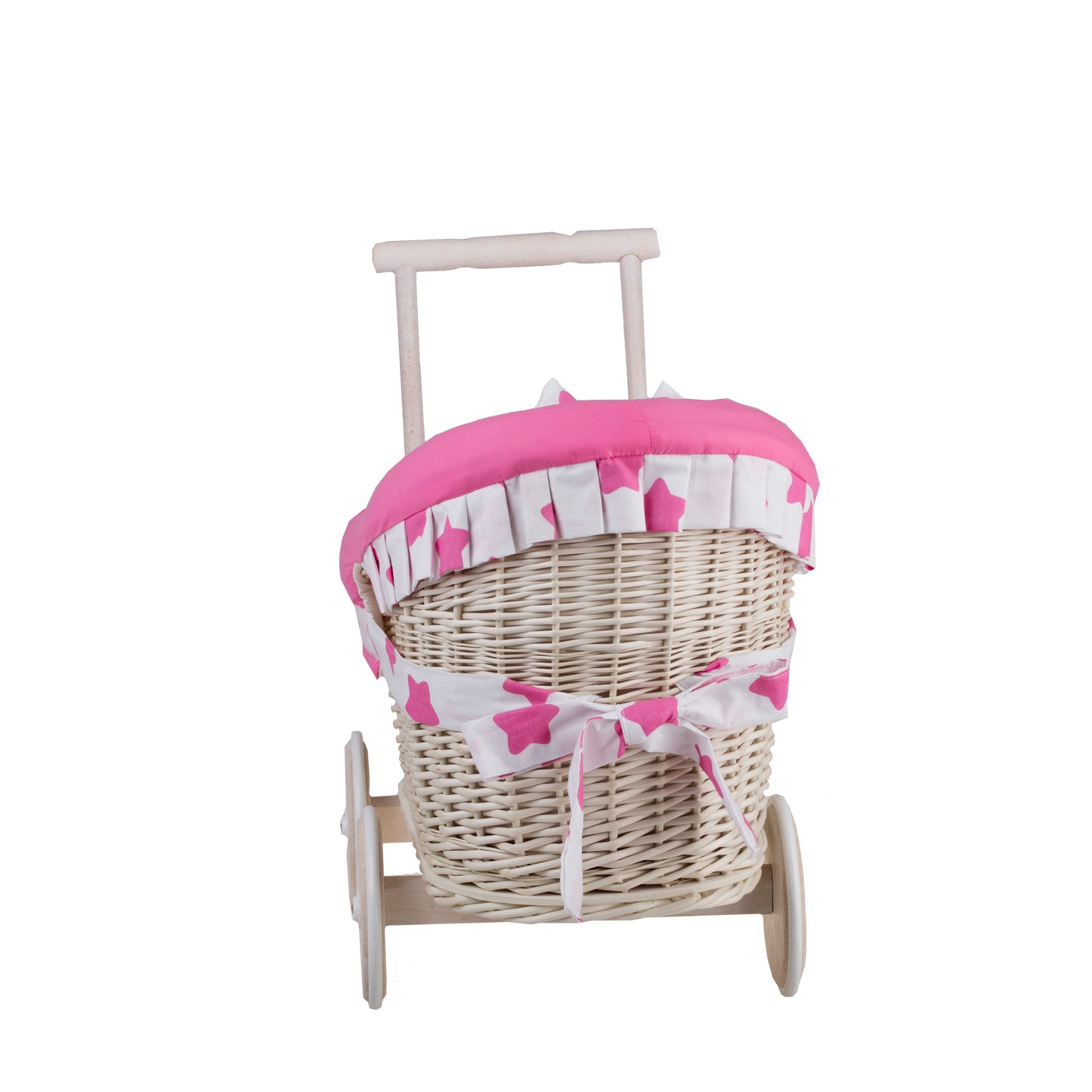 Luna wicker doll stroller with pink trim, blanket, and pillow