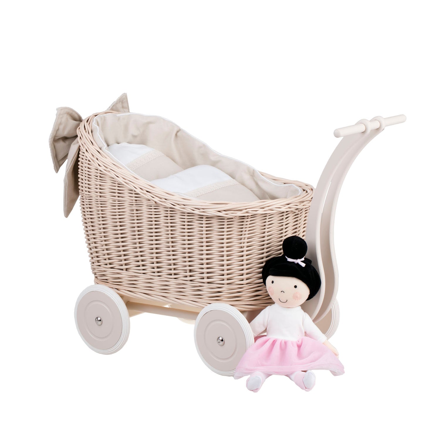 Luna wicker doll stroller with beige trim, blanket, and pillow