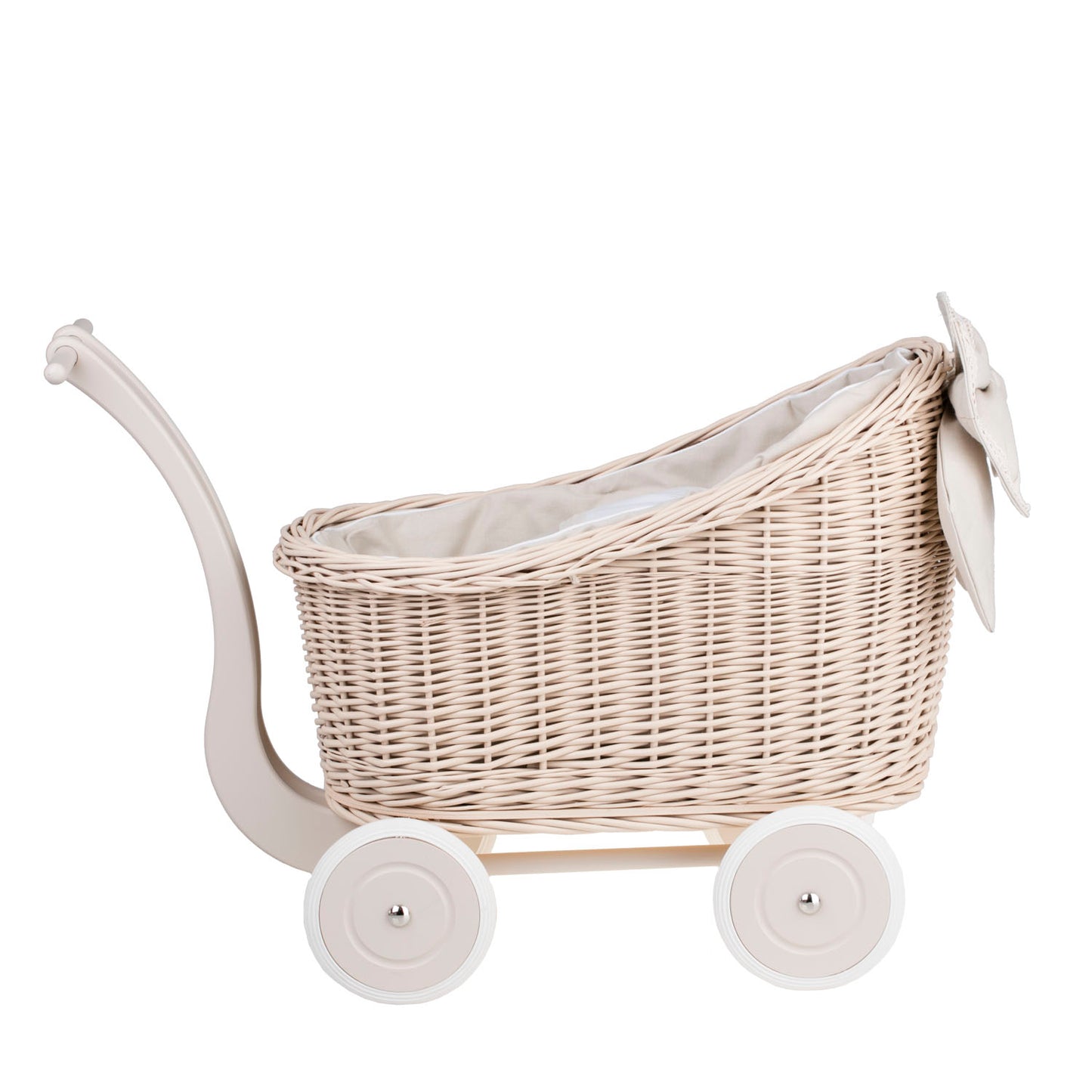 Luna wicker doll stroller with beige trim, blanket, and pillow