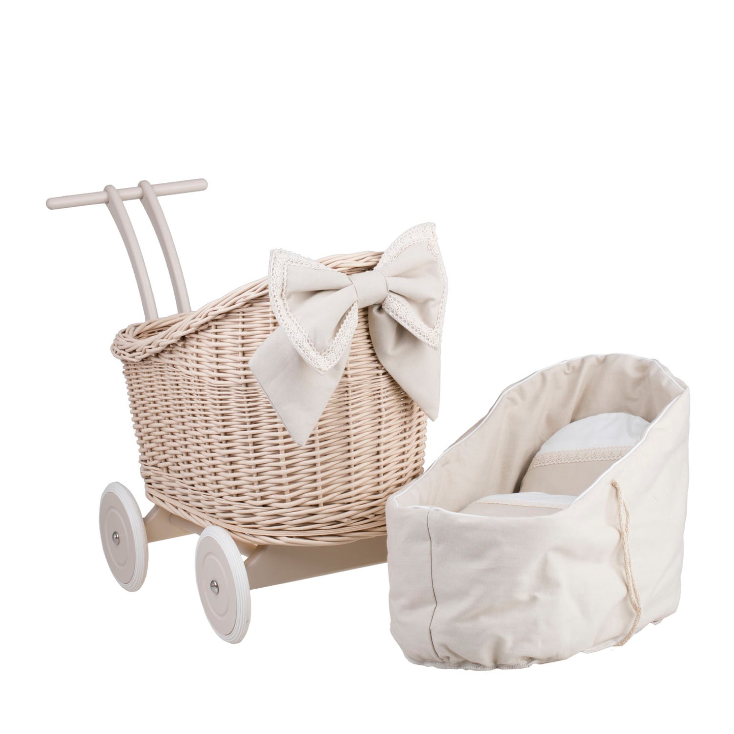 Luna wicker doll stroller with beige trim, blanket, and pillow
