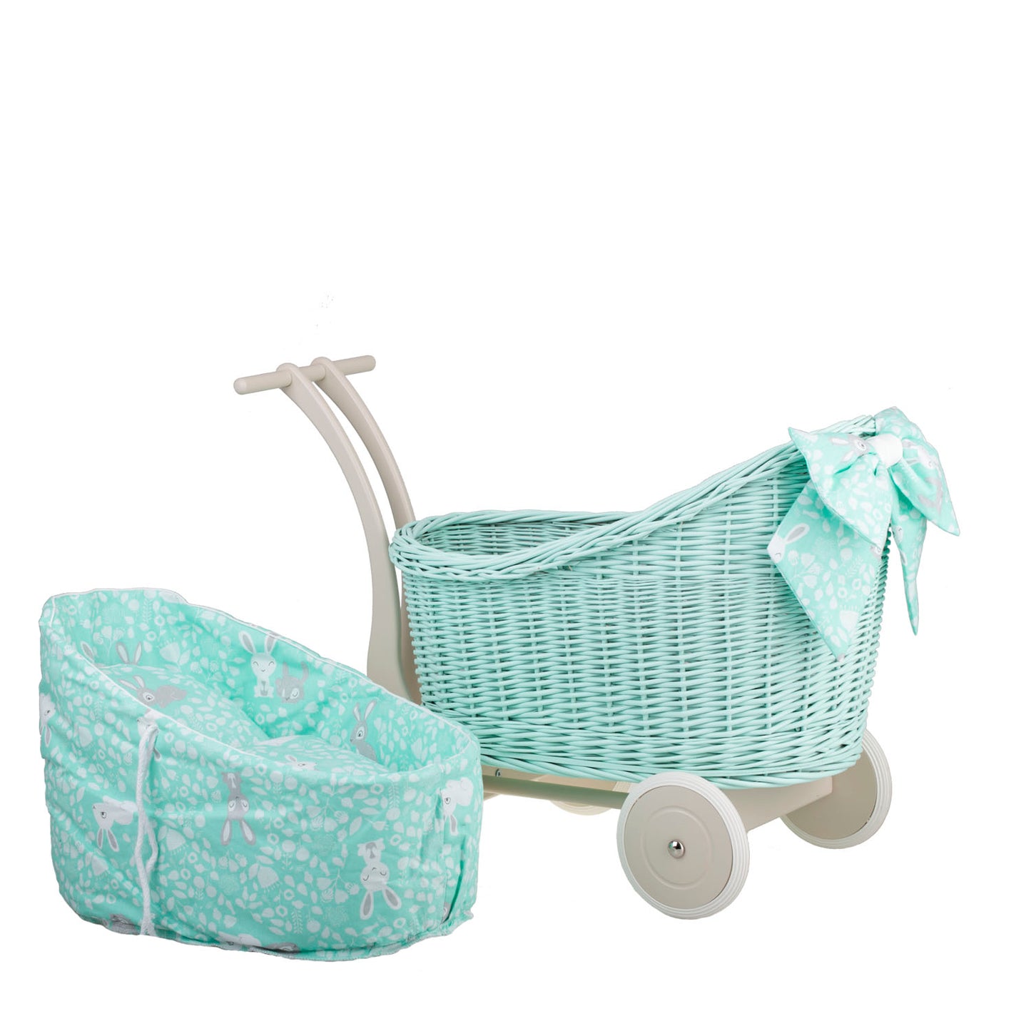 Luna wicker doll stroller with mint trim, blanket, and pillow