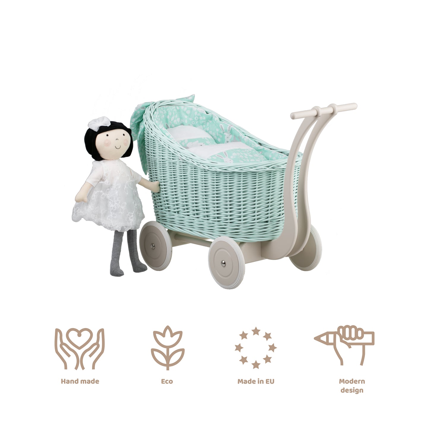 Luna wicker doll stroller with mint trim, blanket, and pillow