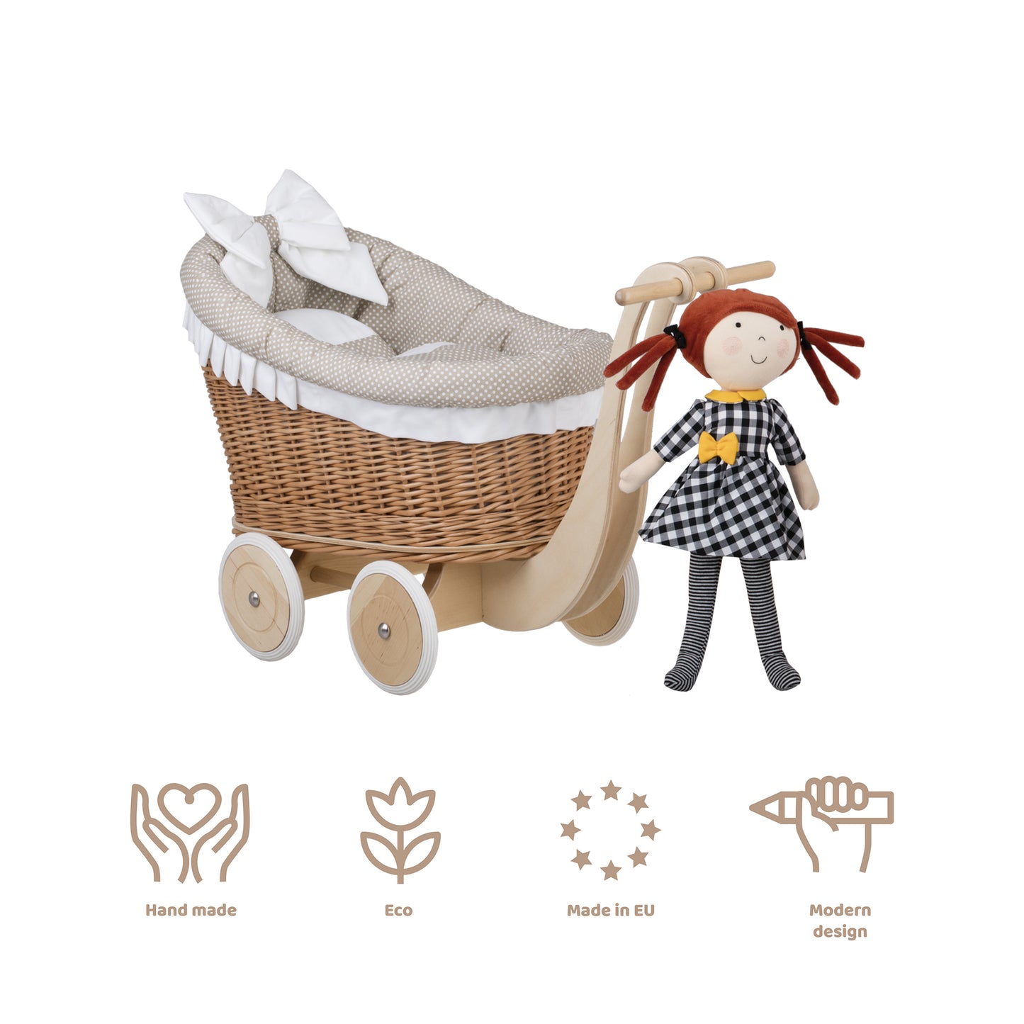 Luna rotan poppenwagen met beige bies, dekentje en kussen
