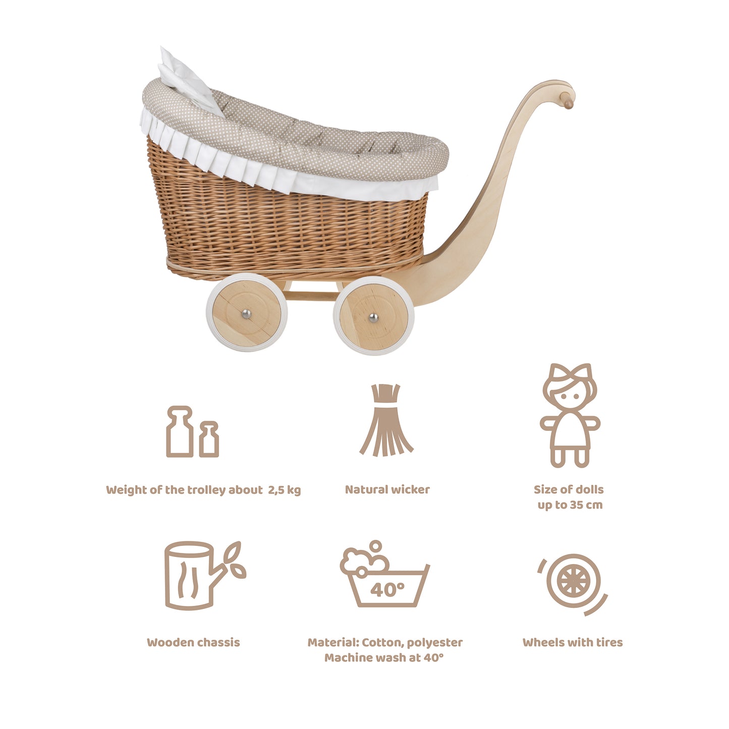 Luna rotan poppenwagen met beige bies, dekentje en kussen