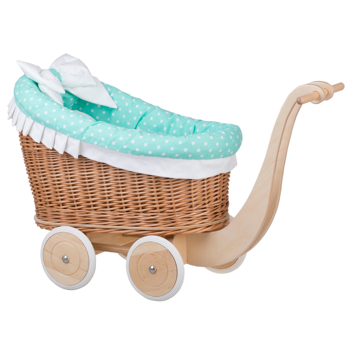 Luna wicker doll stroller with mint trim, blanket, and pillow