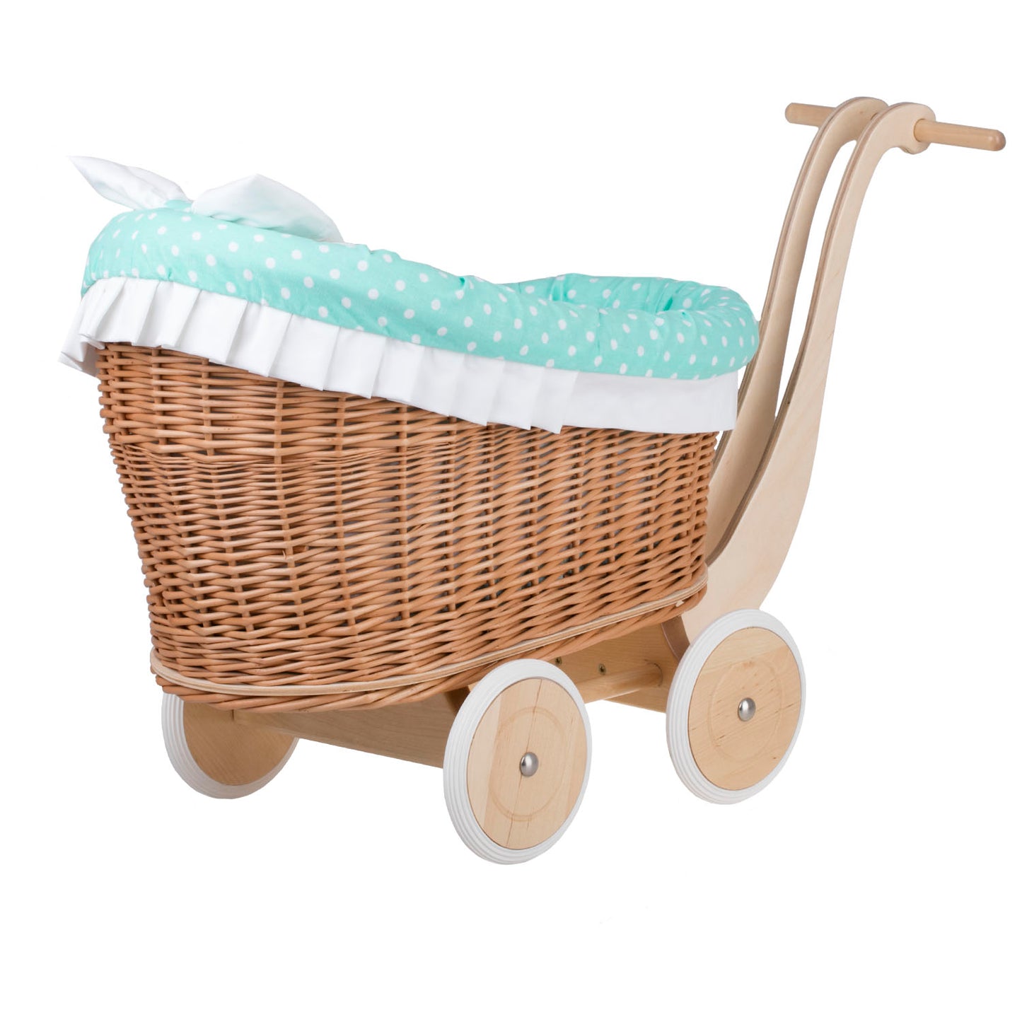 Luna wicker doll stroller with mint trim, blanket, and pillow