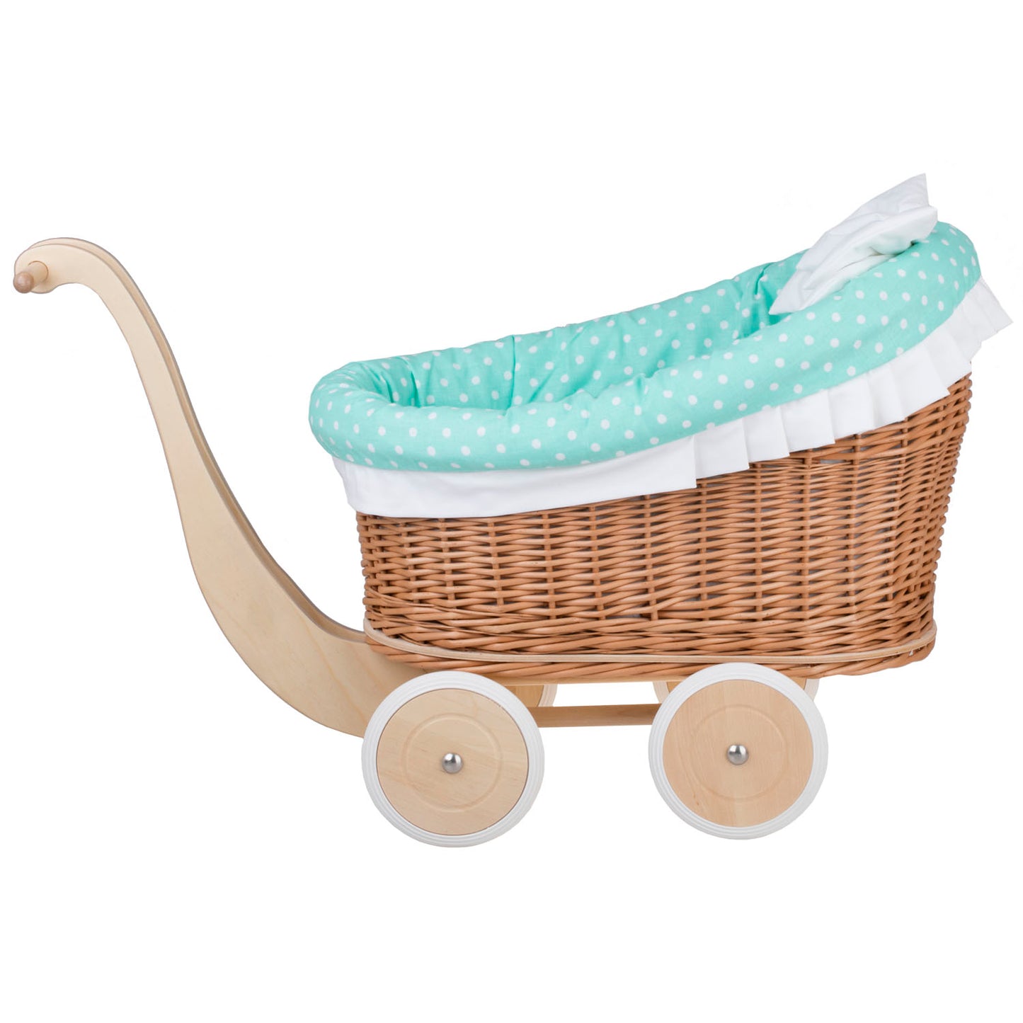 Luna wicker doll stroller with mint trim, blanket, and pillow