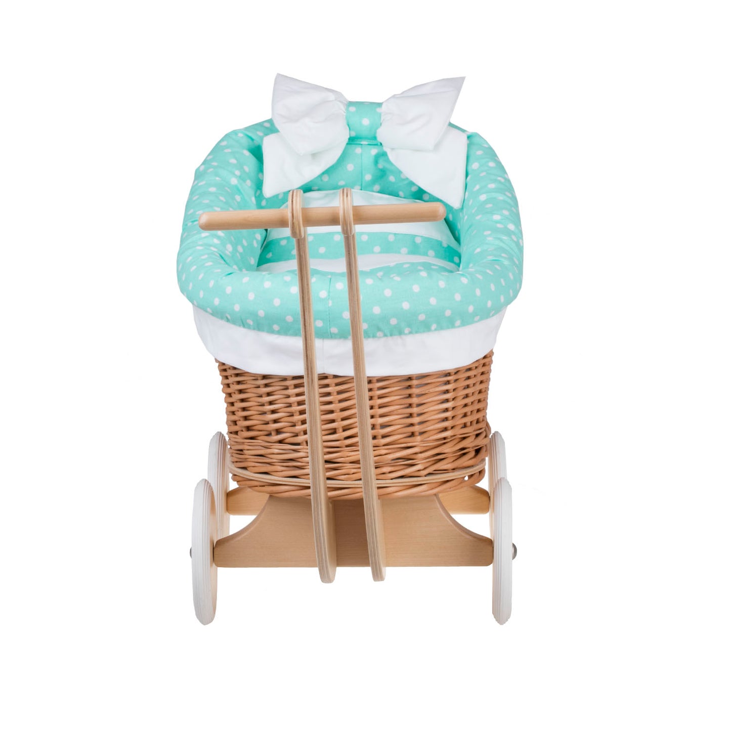 Luna wicker doll stroller with mint trim, blanket, and pillow