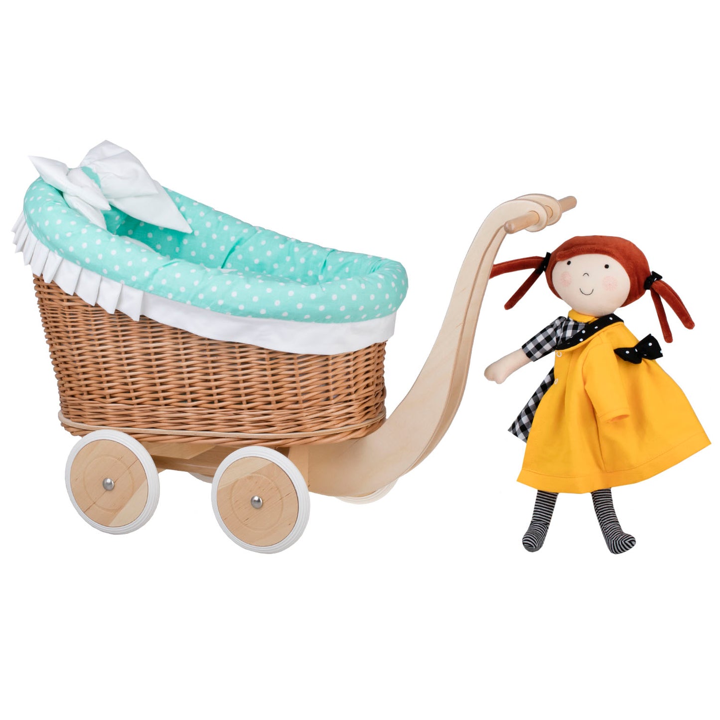 Luna wicker doll stroller with mint trim, blanket, and pillow