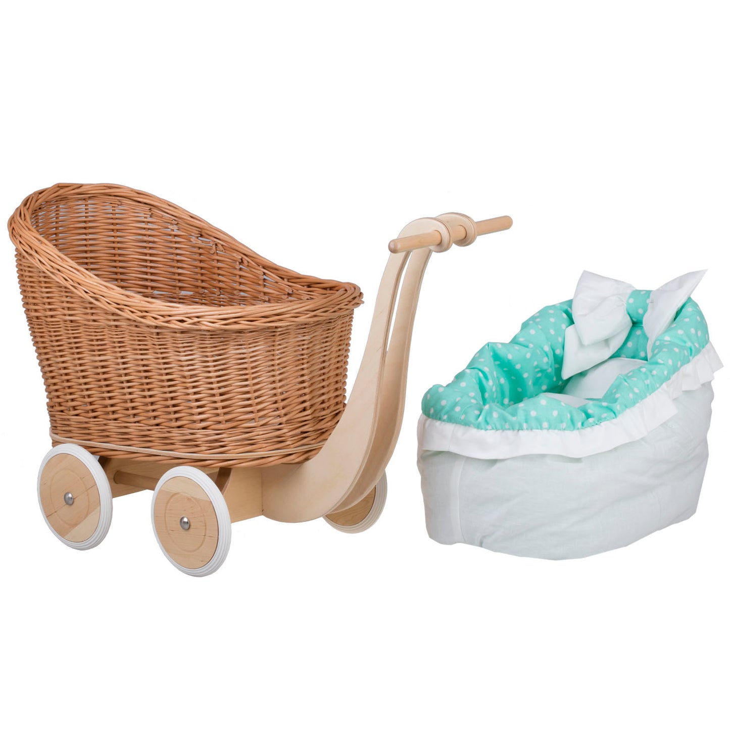 Luna wicker doll stroller with mint trim, blanket, and pillow