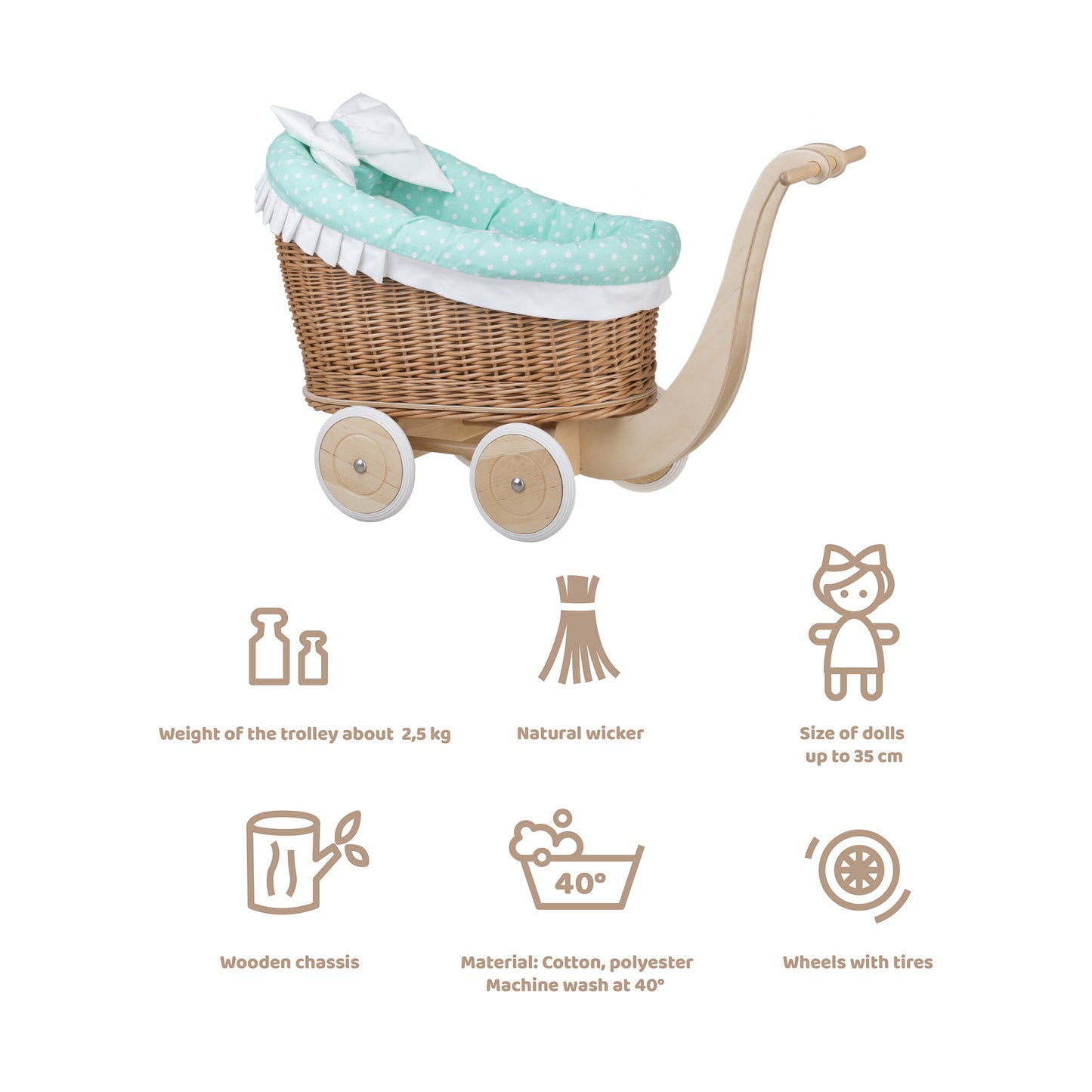 Luna wicker doll stroller with mint trim, blanket, and pillow
