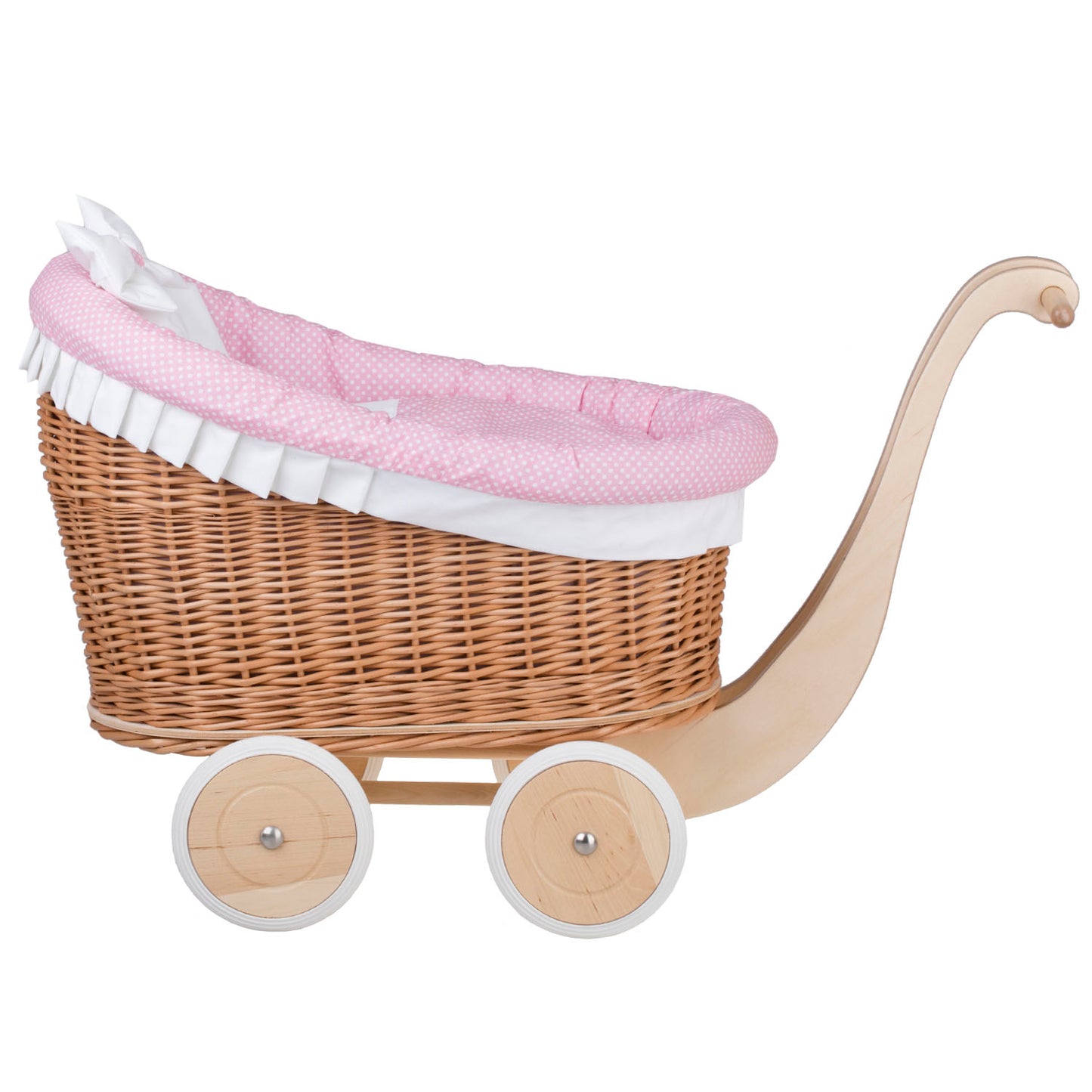 Luna rietjespoppenwagen met roze bies, dekentje en kussen
