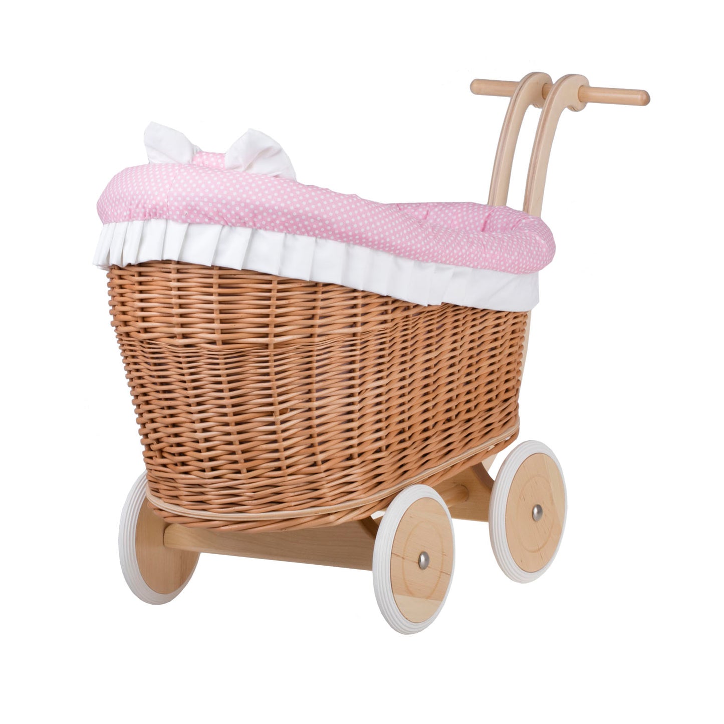 Luna rietjespoppenwagen met roze bies, dekentje en kussen