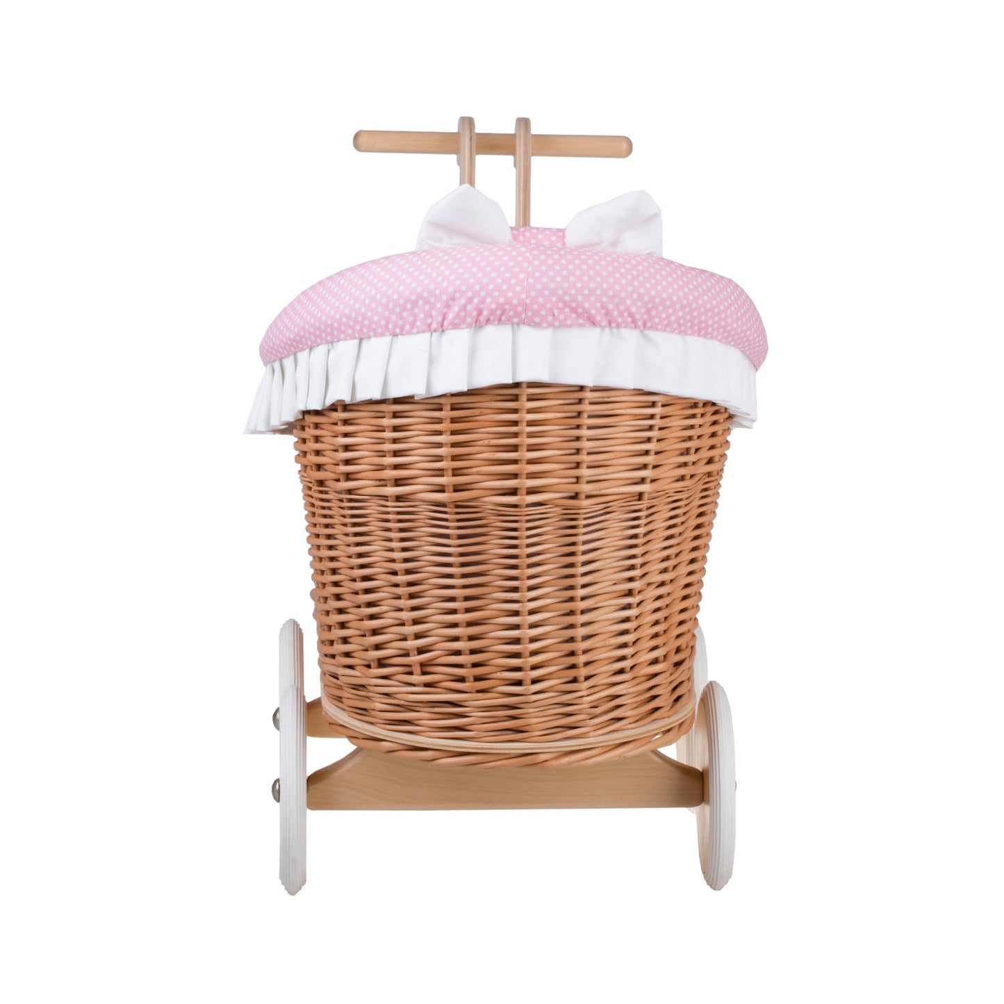 Luna rietjespoppenwagen met roze bies, dekentje en kussen