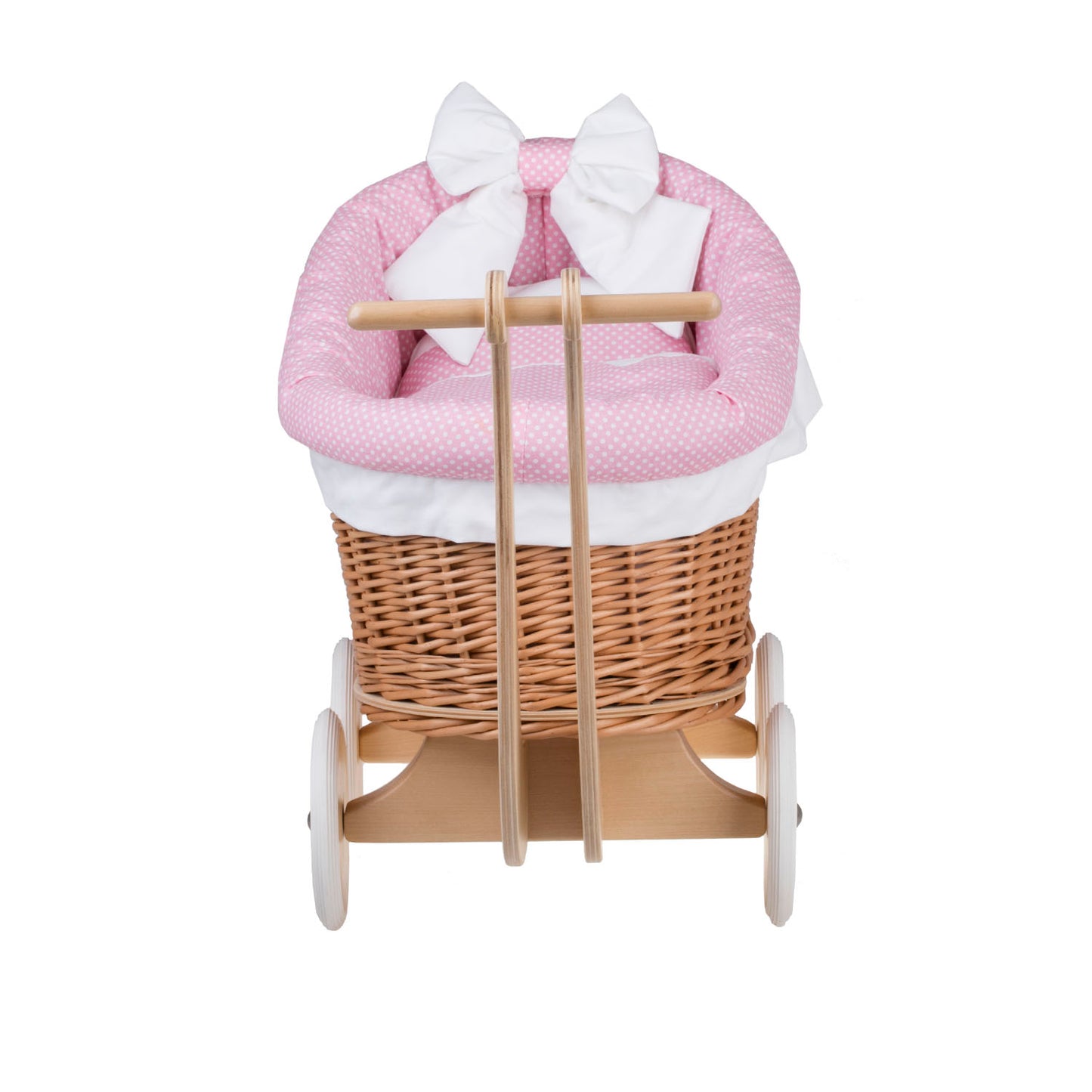 Luna rietjespoppenwagen met roze bies, dekentje en kussen