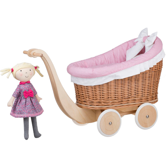 Luna wicker doll stroller with pink trim, blanket, and pillow TheWickerStories