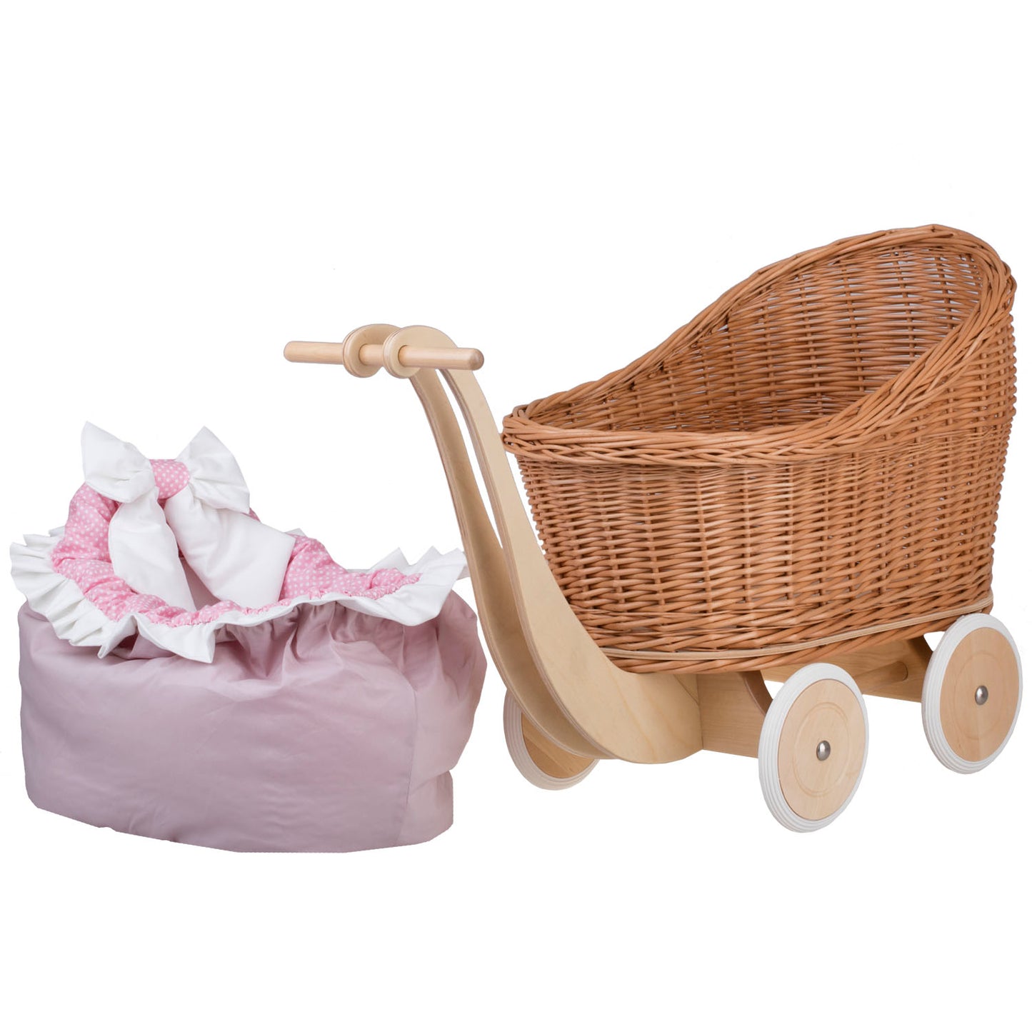 Luna wicker doll stroller with pink trim, blanket, and pillow TheWickerStories