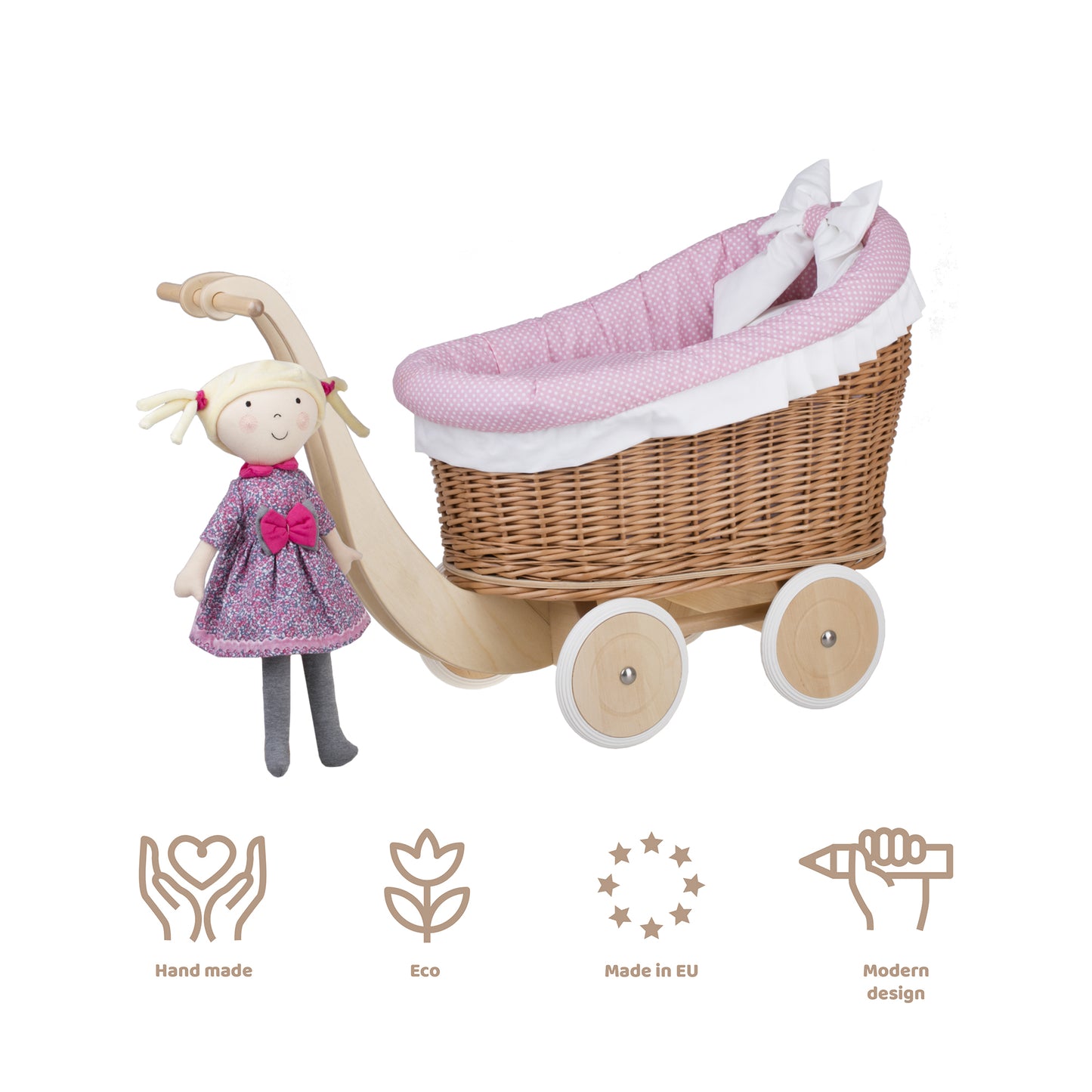 Luna rietjespoppenwagen met roze bies, dekentje en kussen