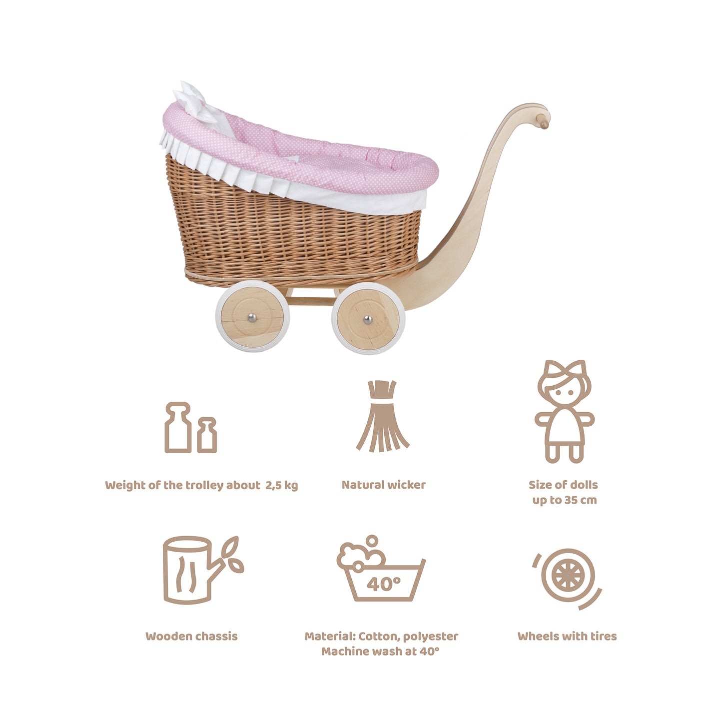 Luna rietjespoppenwagen met roze bies, dekentje en kussen