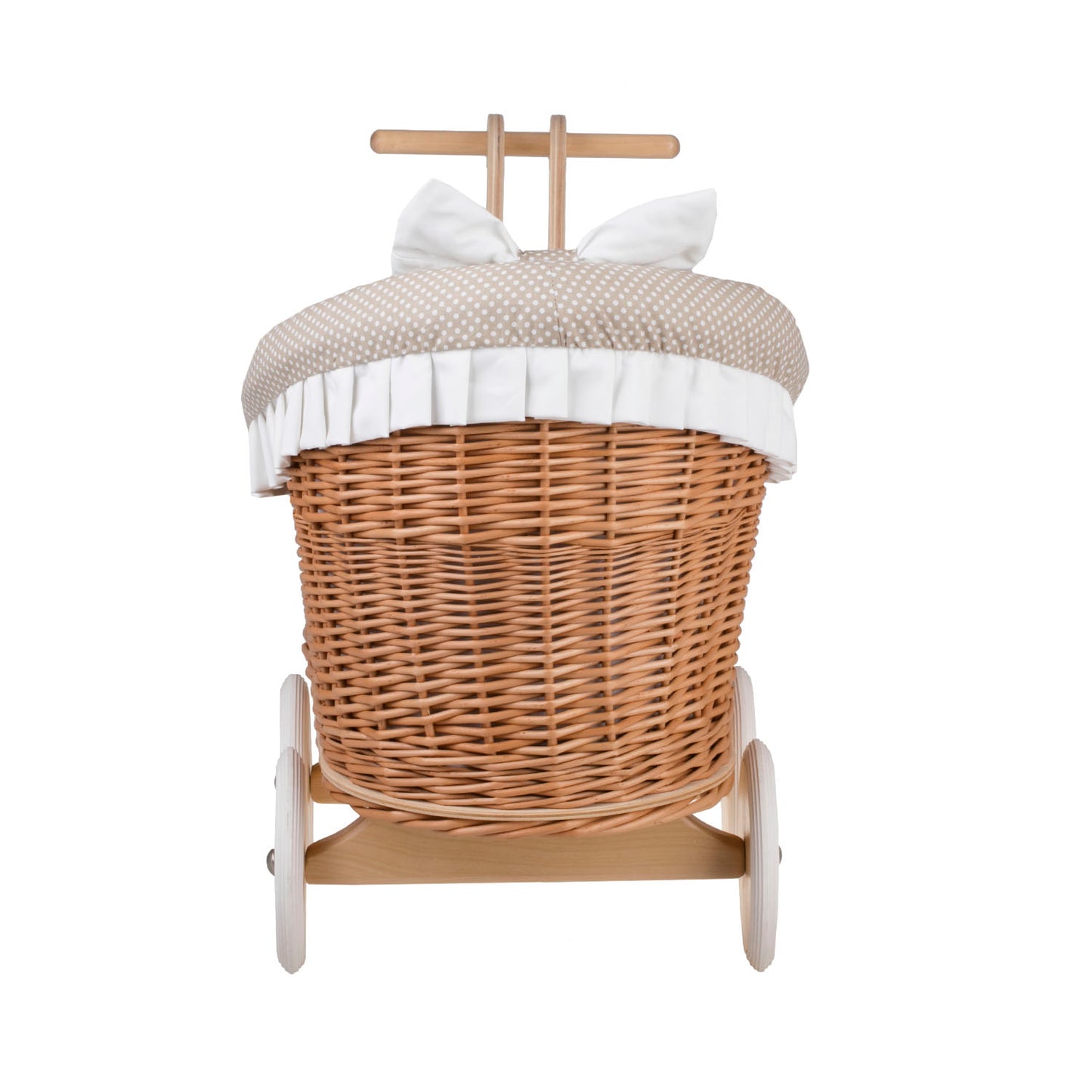 Luna rotan poppenwagen met beige bies, dekentje en kussen