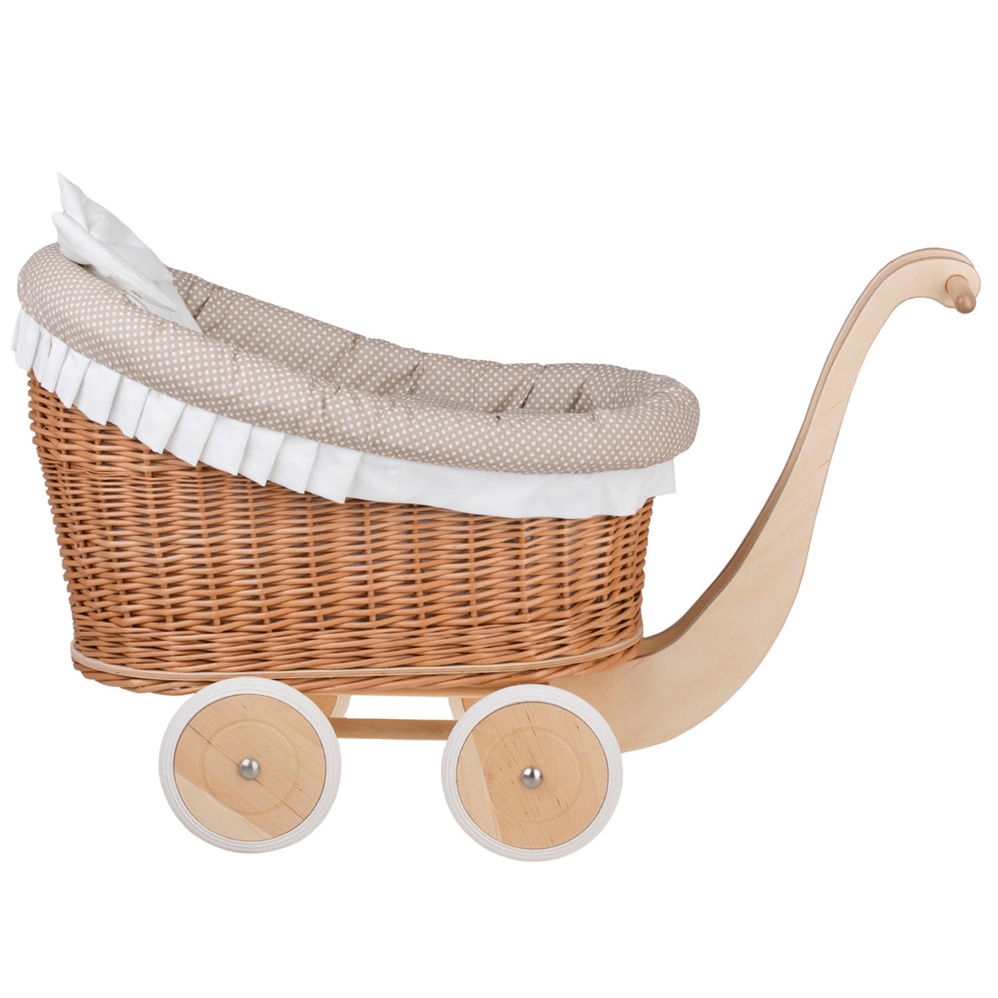 Luna rotan poppenwagen met beige bies, dekentje en kussen