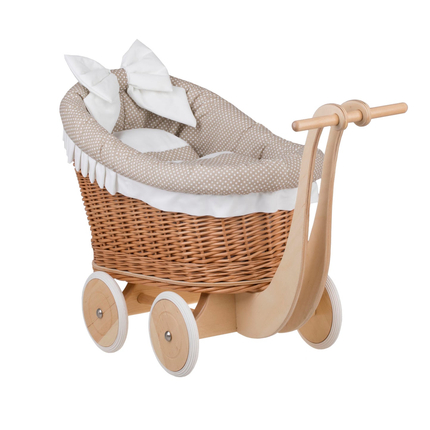 Luna rotan poppenwagen met beige bies, dekentje en kussen