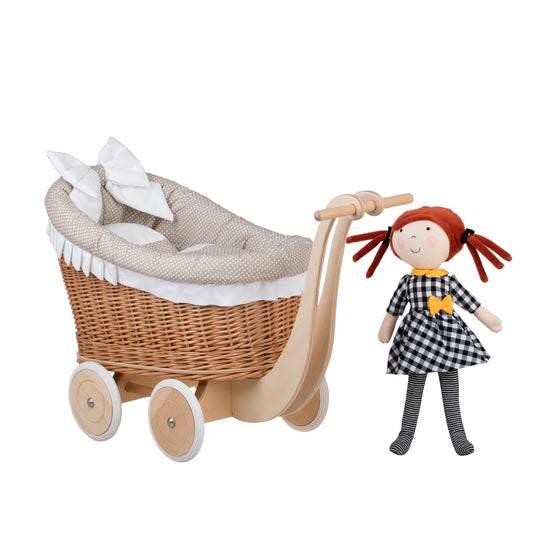 Luna wicker doll stroller with beige trim, blanket, and pillow TheWickerStories