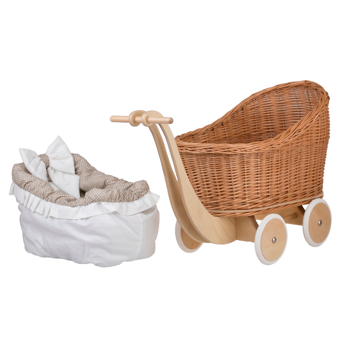 Luna poussette en osier pour poupée avec bordure beige, couverture et coussin TheWickerStories