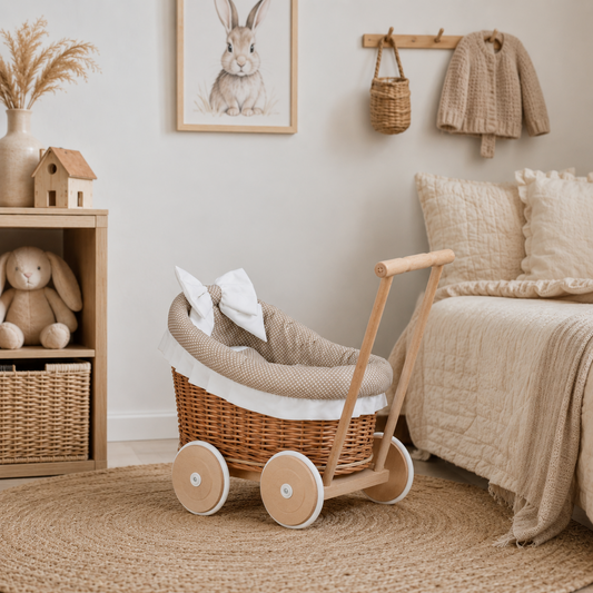 wicker doll stroller with beige trim, blanket, and pillow