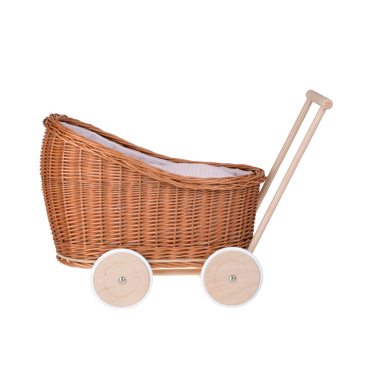 Luna wicker doll stroller with pink trim, blanket, and pillow